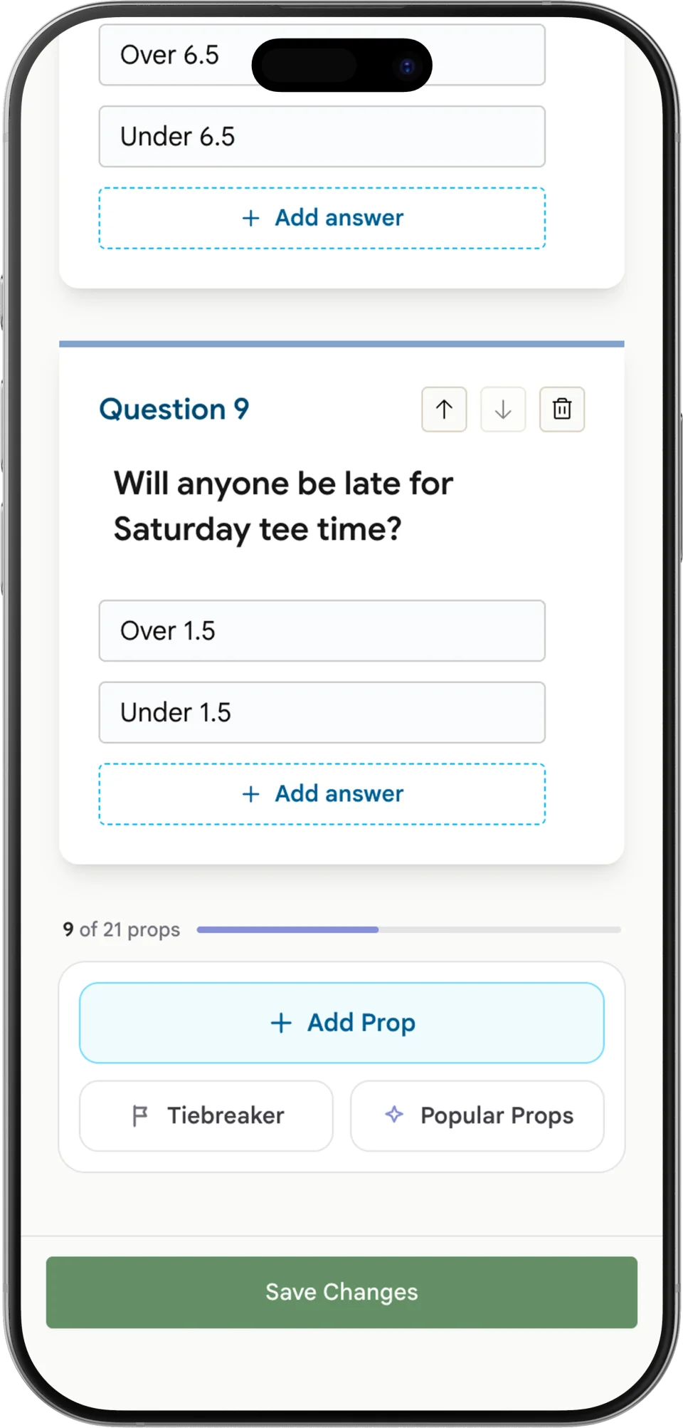 Screenshot of the prop bets builder for a bachelor party