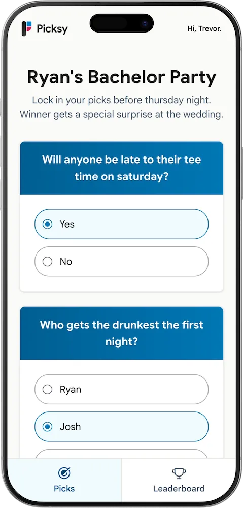 Screenshot of making picks for a bachelor party prop bet game