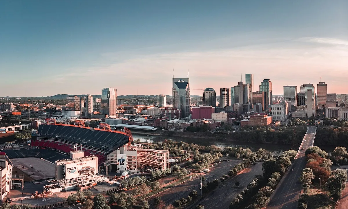 Downtown Nashville skyline at sunset