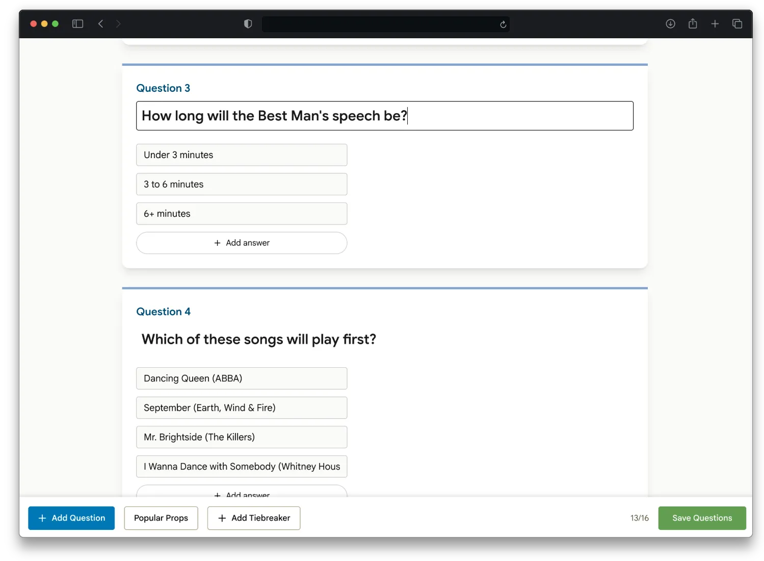 Screenshot of weddings bets builder